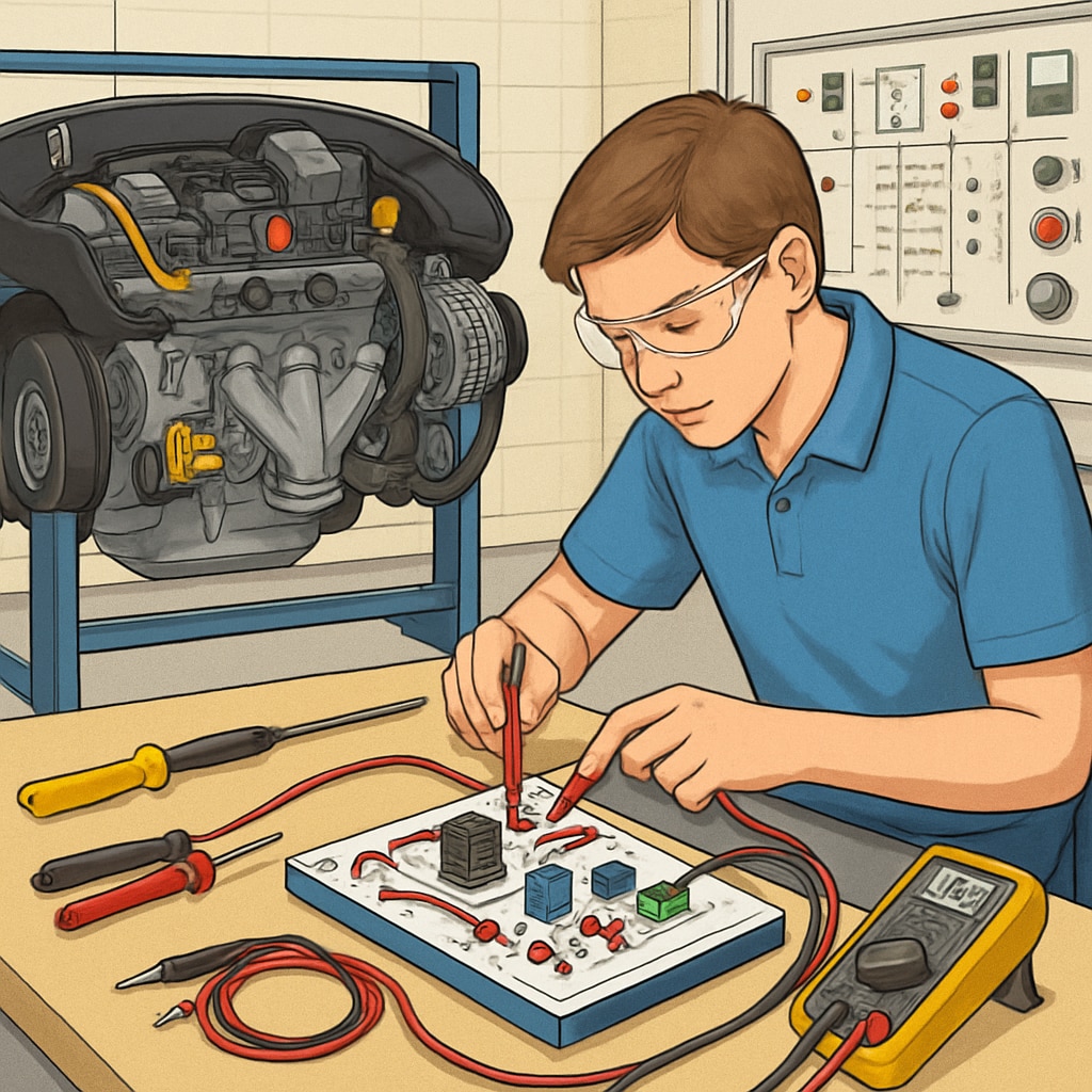 A close-up of a student working on an automotive electrical system in a school laboratory. The student is using tools to connect wires to a test circuit board. A student learning electrical skills in an automotive laboratory, working on a circuit board.