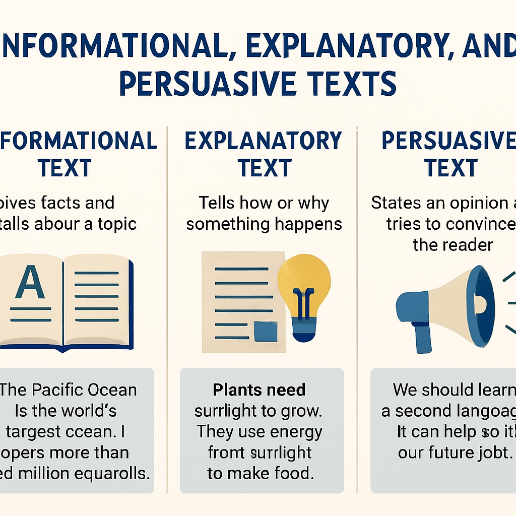 A detailed infographic explaining the differences between informational, explanatory, and persuasive texts, with visual examples. Infographic showing informational, explanatory, and persuasive text features in Functional Skills English.