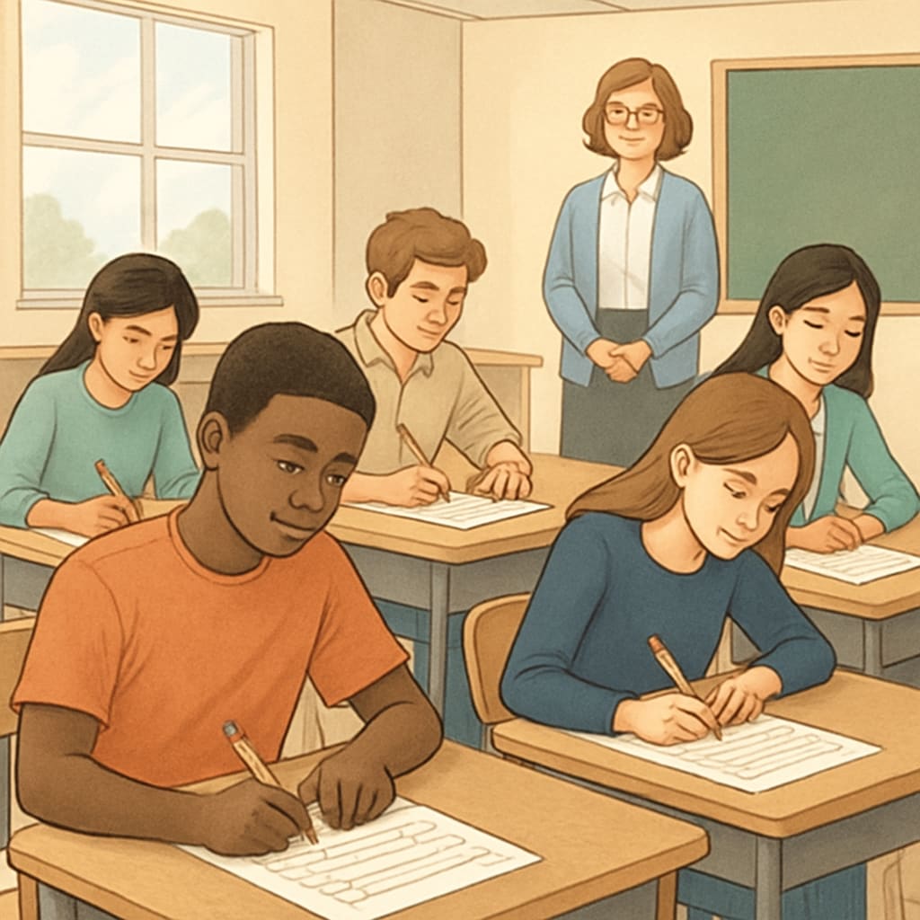 A classroom with students filling out surveys, symbolizing research in action. Students participating in a survey about effective learning methods in a K12 classroom.