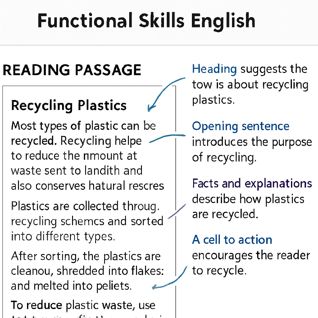 An example of a Functional Skills English reading passage with annotations highlighting key features for determining text purpose. Annotated reading passage demonstrating text purpose identification strategies.