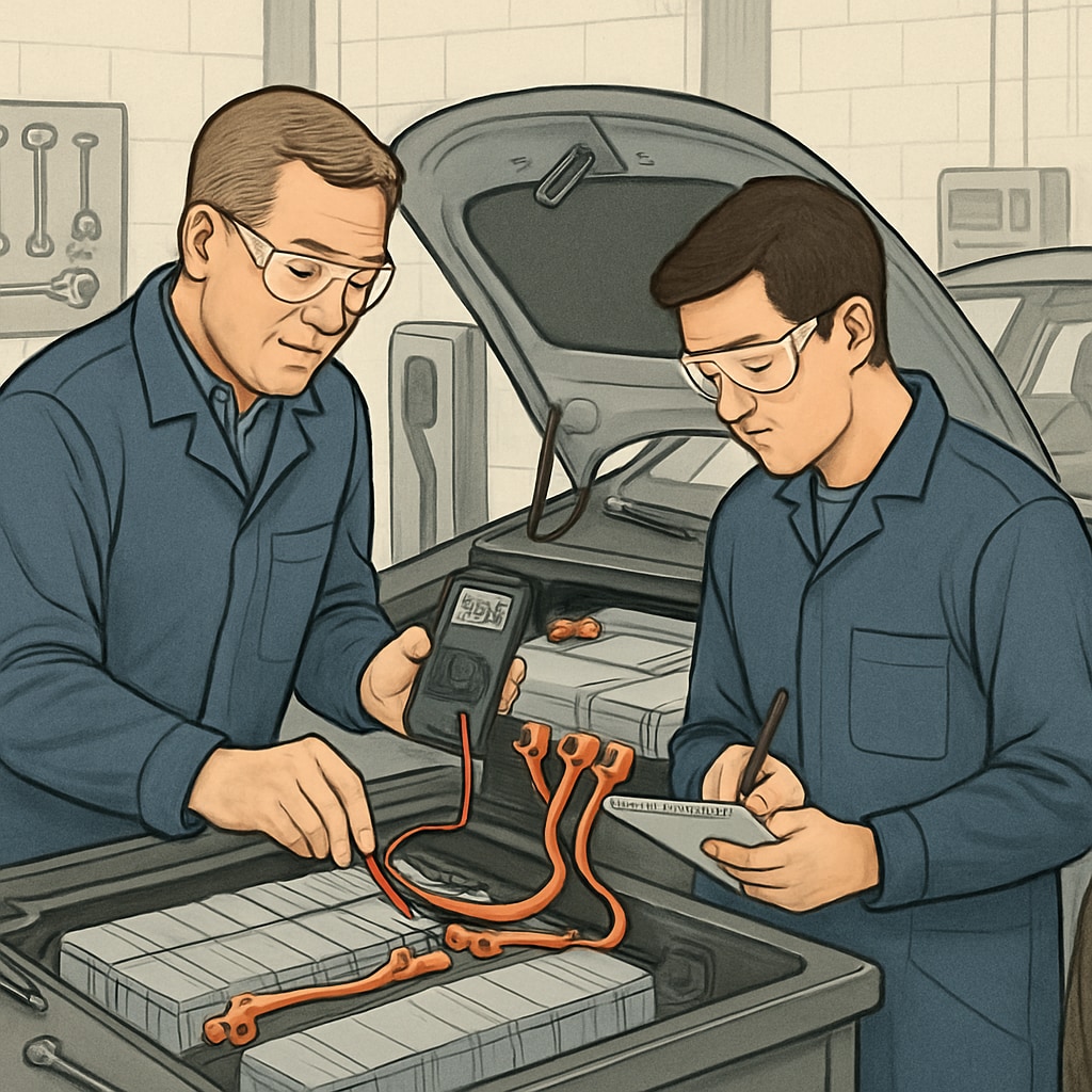 A mentor guiding a student on how to test an electric vehicle's battery system during an apprenticeship program. This highlights hands-on learning in an industry setting. A mentor and student testing an EV battery system during an automotive apprenticeship program.