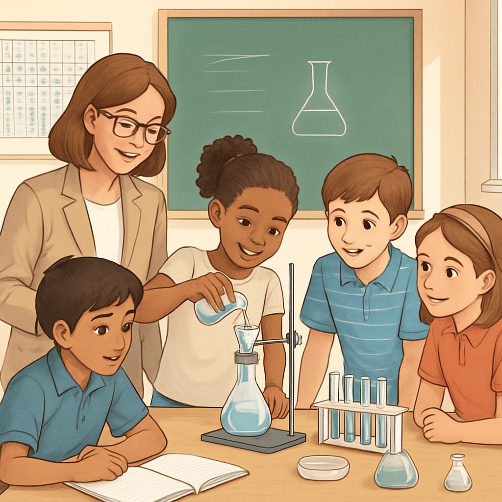 A teacher and students collaboratively working on a science experiment in a classroom, symbolizing the collaborative ethos of the OpenSciEd community. Collaborative science experiment in a classroom, representing OpenSciEd community values.