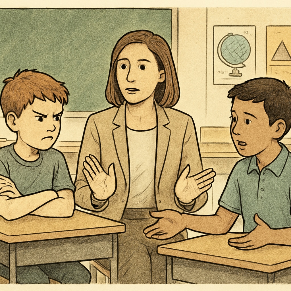 A school counselor mediating a conflict between two students, emphasizing early intervention in bullying cases. A school counselor addressing student conflict to prevent bullying.