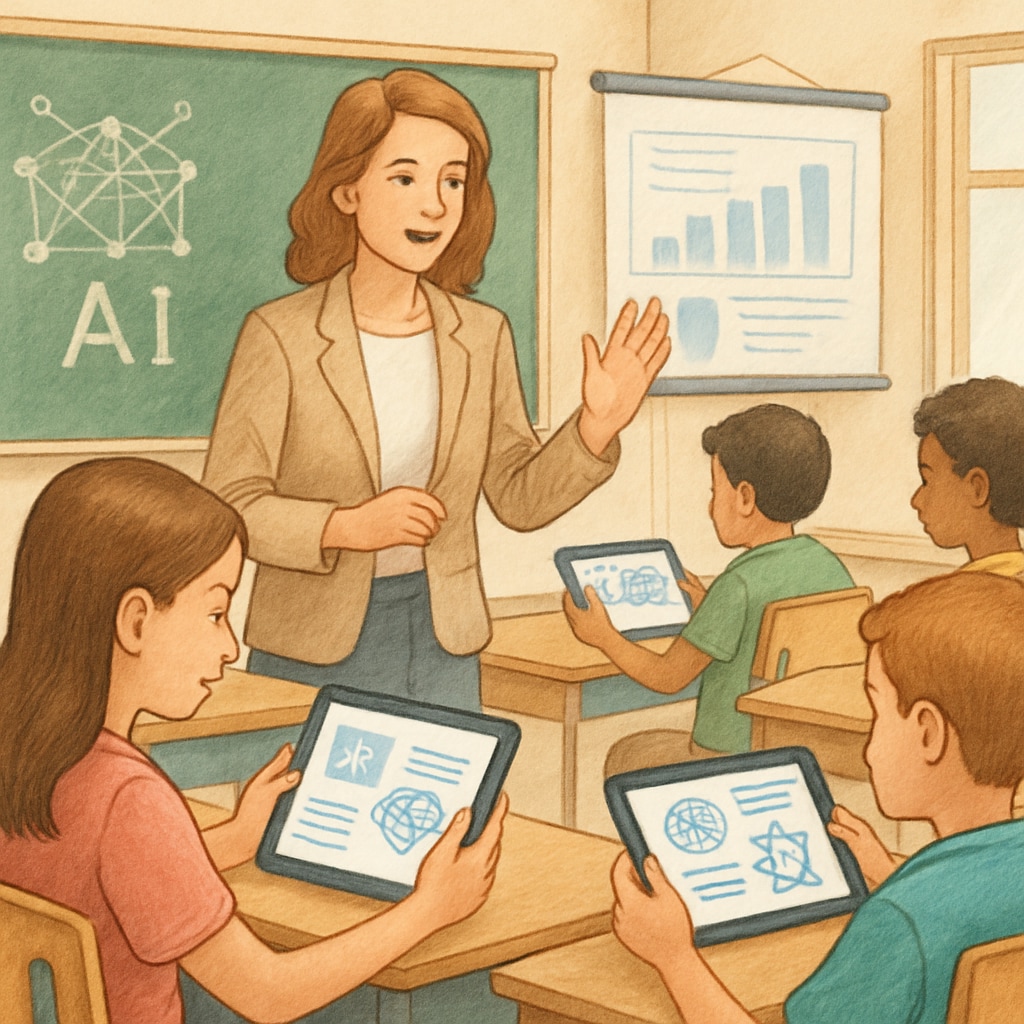 A classroom using AI tools, such as students interacting with education software on tablets. Students in a classroom engaging with AI-powered education tools.
