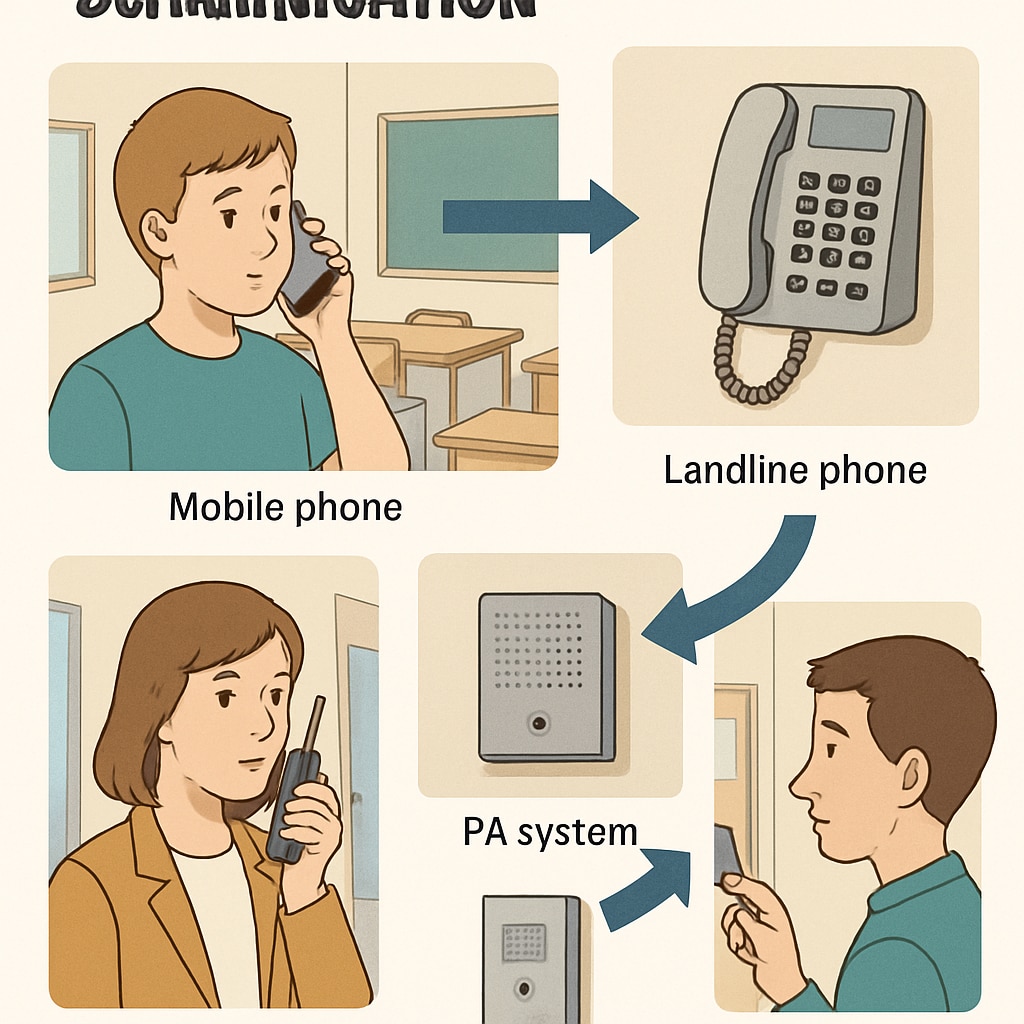 A school emergency communication system in action, illustrating alternatives to mobile phones. A visual representation of a school’s emergency communication system, highlighting safety measures without dependence on personal devices.