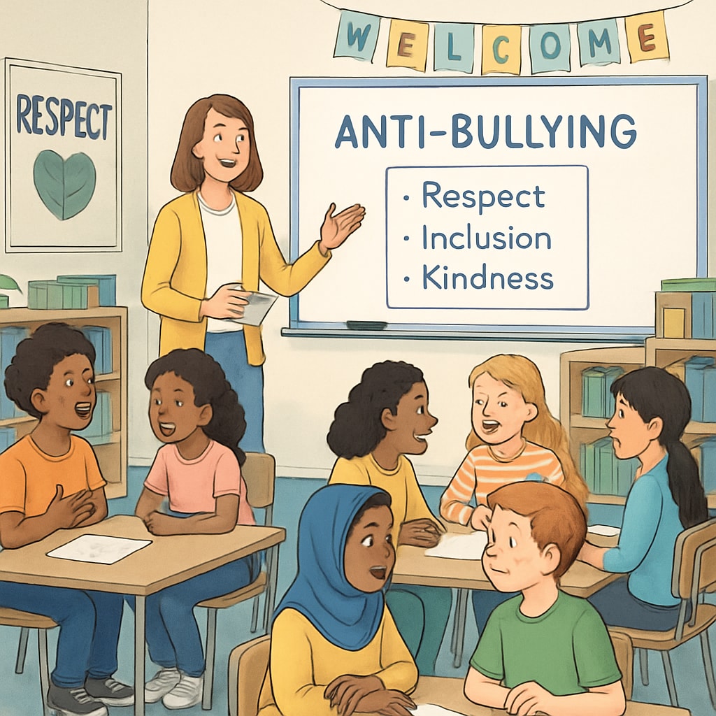 A classroom where students participate in an anti-bullying workshop, learning about respect and inclusion. Students engaging in an anti-bullying workshop to foster a positive school culture.