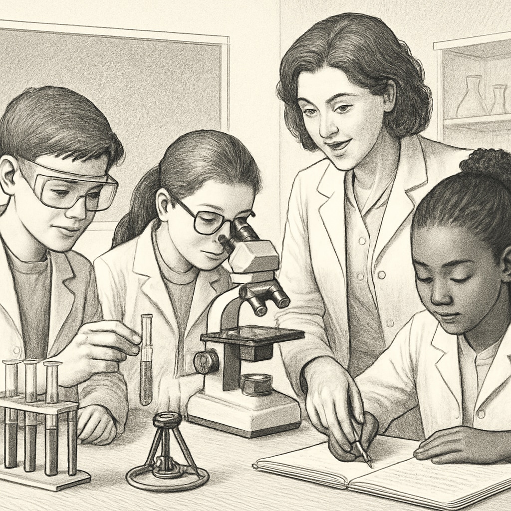 A close-up of students using lab equipment under a teacher’s guidance, illustrating hands-on, inquiry-based learning in science education. Hands-on science learning with students and teacher, highlighting OpenSciEd’s innovative approach.
