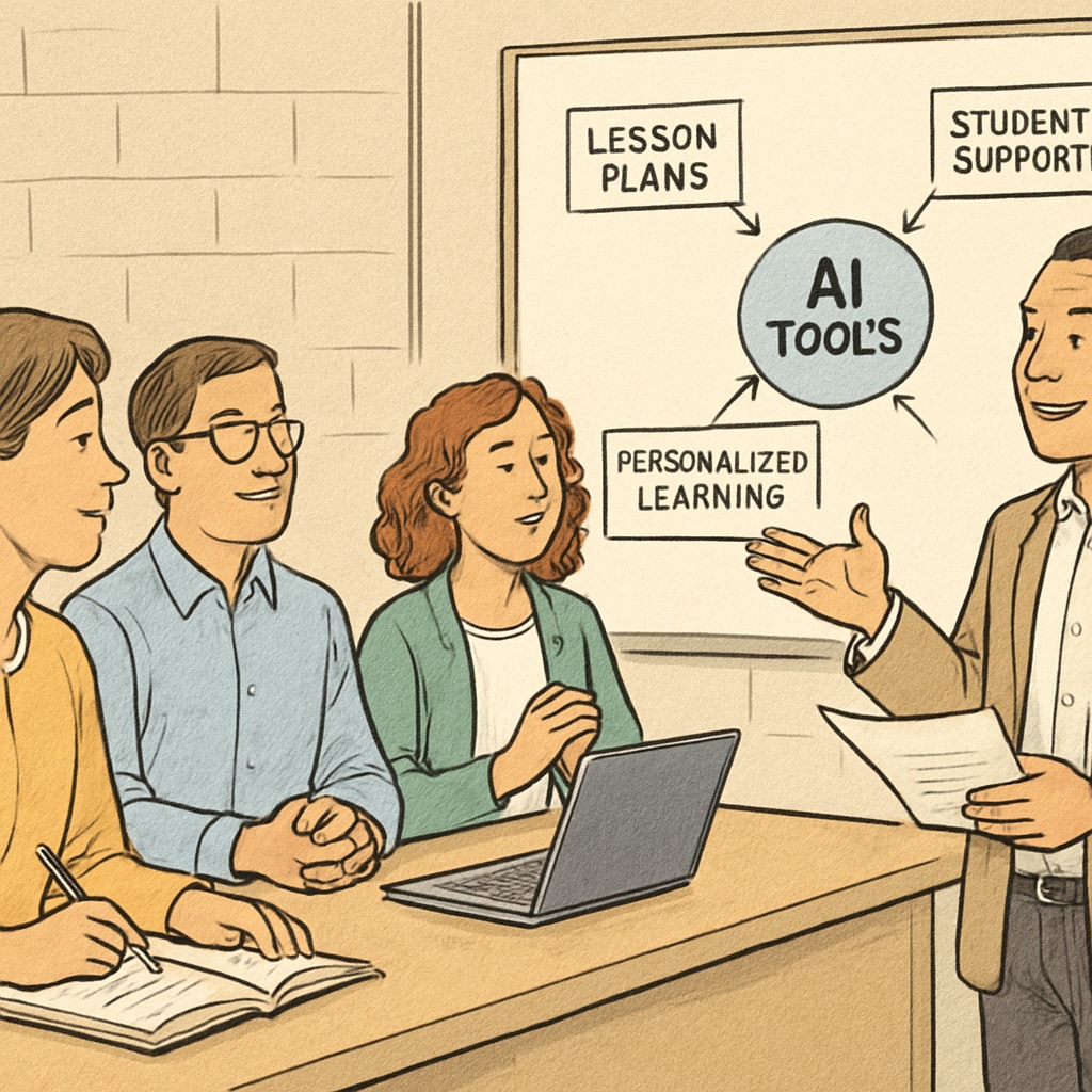 Teachers attending a workshop on using AI tools in the classroom. Educators learning about AI tools during a professional training session.