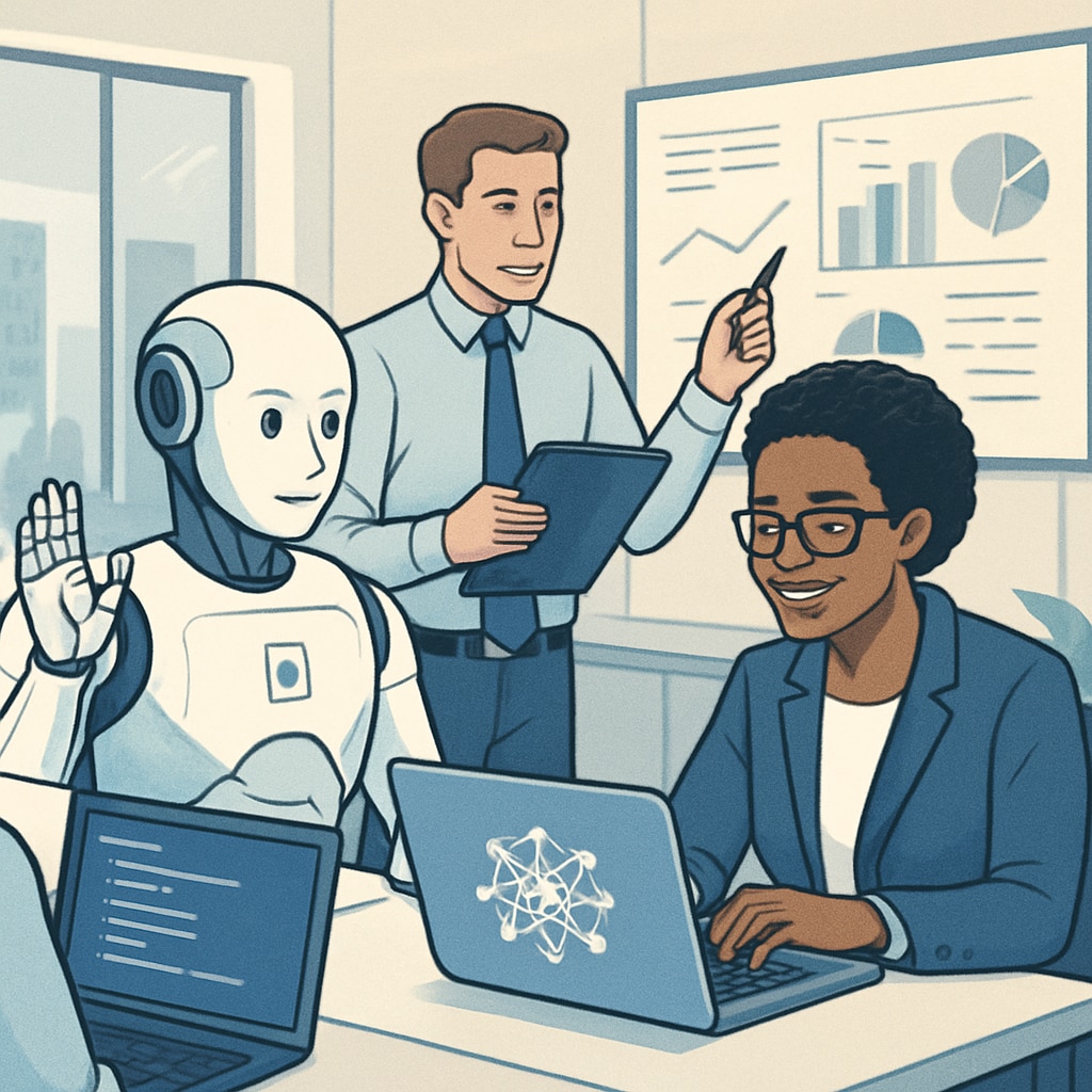 Artificial intelligence interacting with professionals in the workplace.