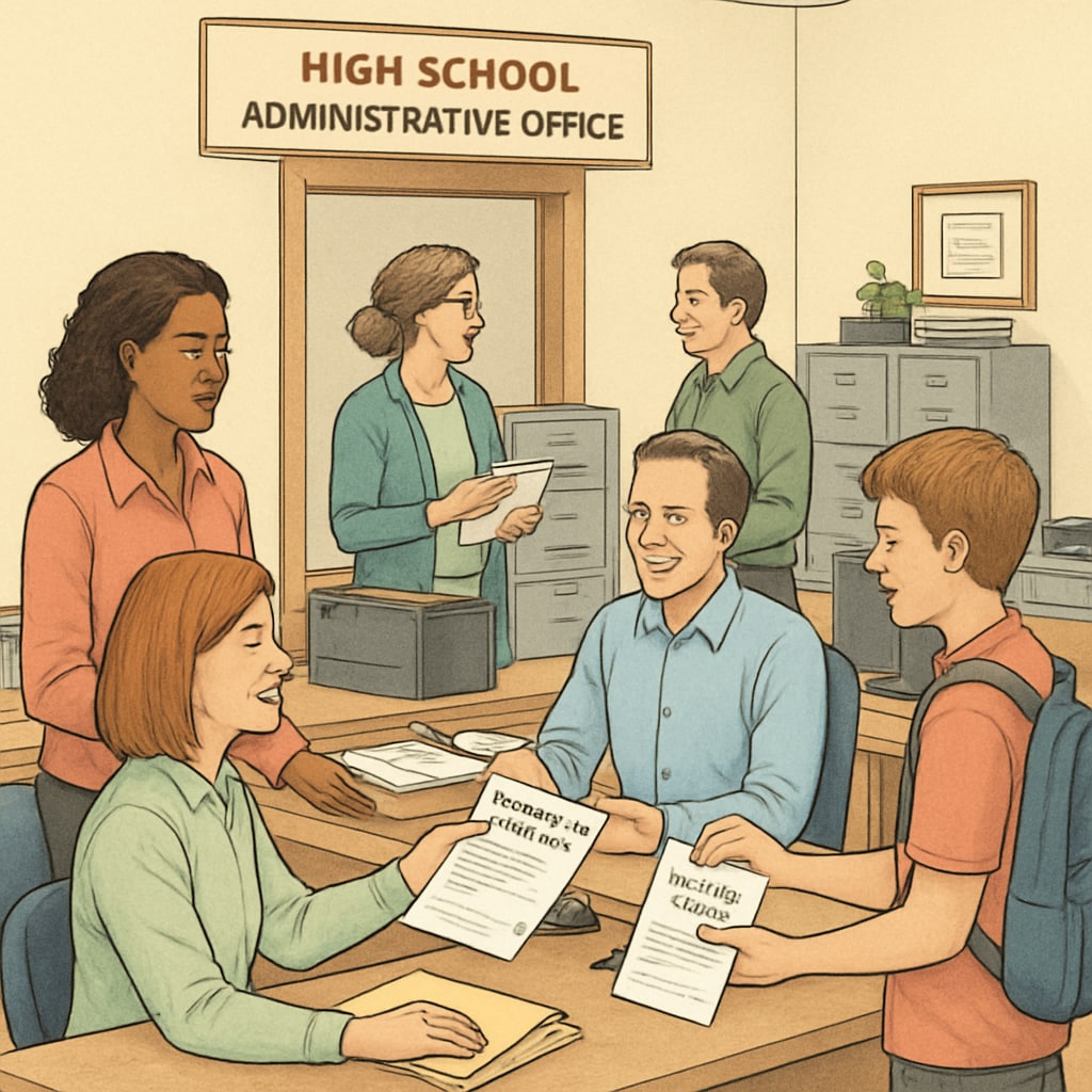 High school administrative office with staff helping parents and students regarding transcript requests. School office staff assisting parents with transcript policies and unpaid fees concerns.