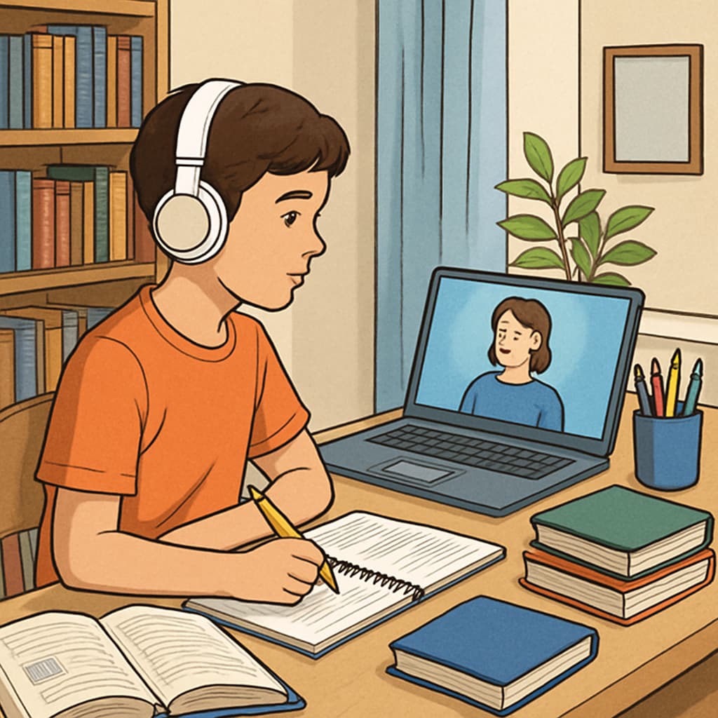 A student using a laptop for online learning in a quiet, home-based study setup. A student working on an online high school diploma program from home.