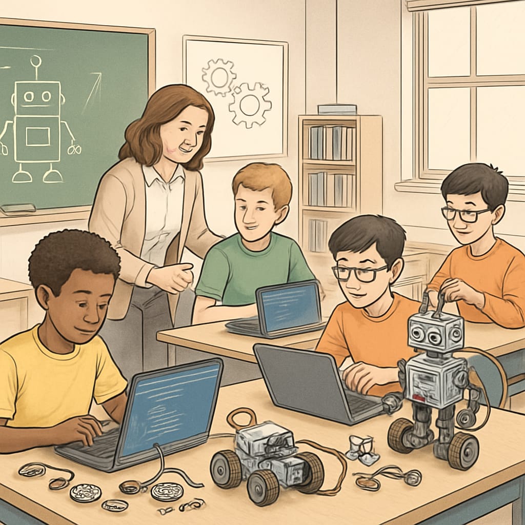 K12 students coding and building robotics under teacher supervision.