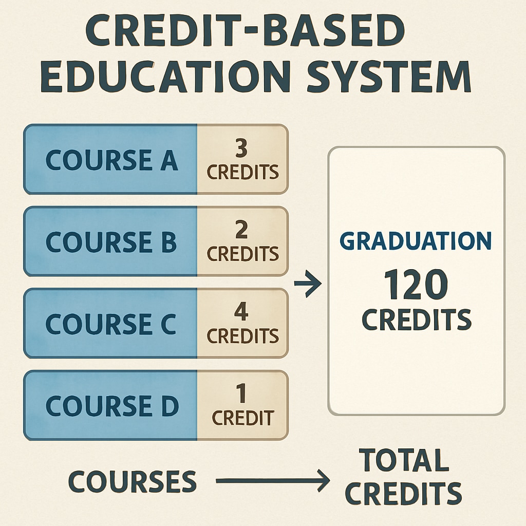 A visual representation of a credit-based education system, showing courses and required credits for graduation. Diagram of how credit systems work in online high school diploma programs.