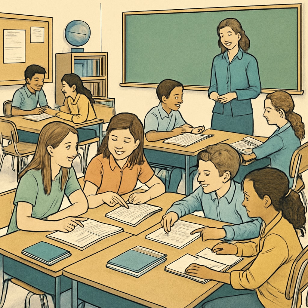 A classroom with students actively participating in a group learning activity. The focus is on student engagement and collaboration. Students engaging in a group learning activity in a classroom setting.