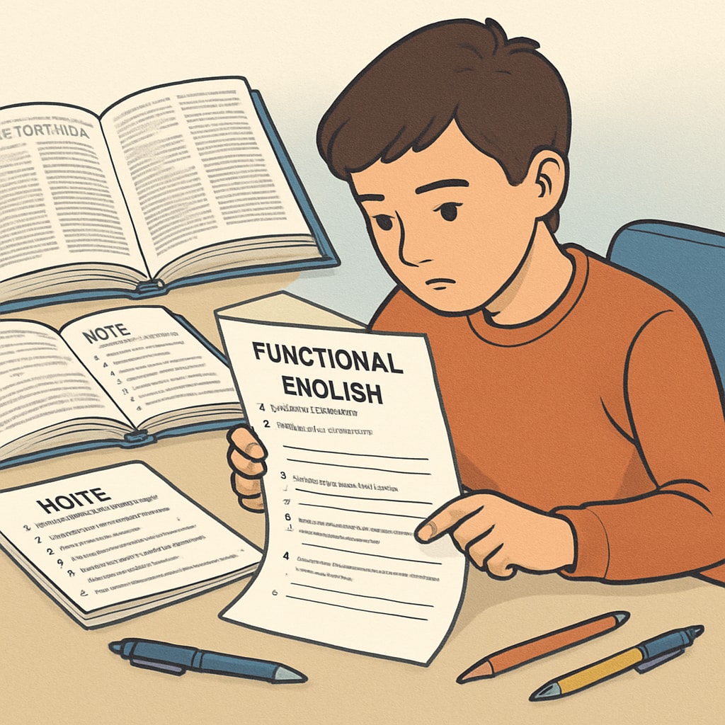 A student analyzing a Functional English test paper, surrounded by dictionaries and notes. Student analyzing Functional English reading comprehension test.