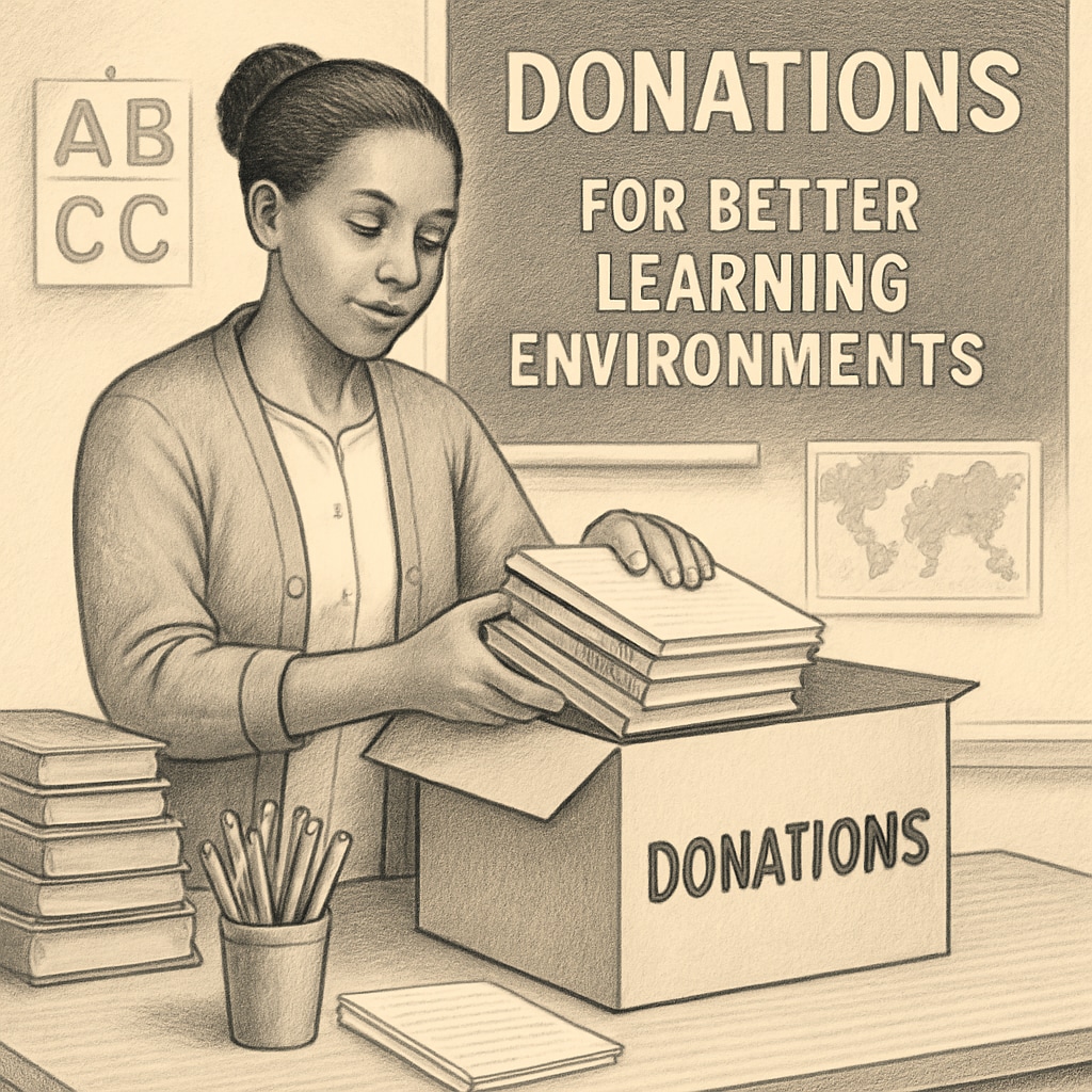 A teacher organizing supplies in a classroom, showcasing the importance of donations for better educational environments. A teacher preparing classroom supplies to support students, highlighting the need for donations.