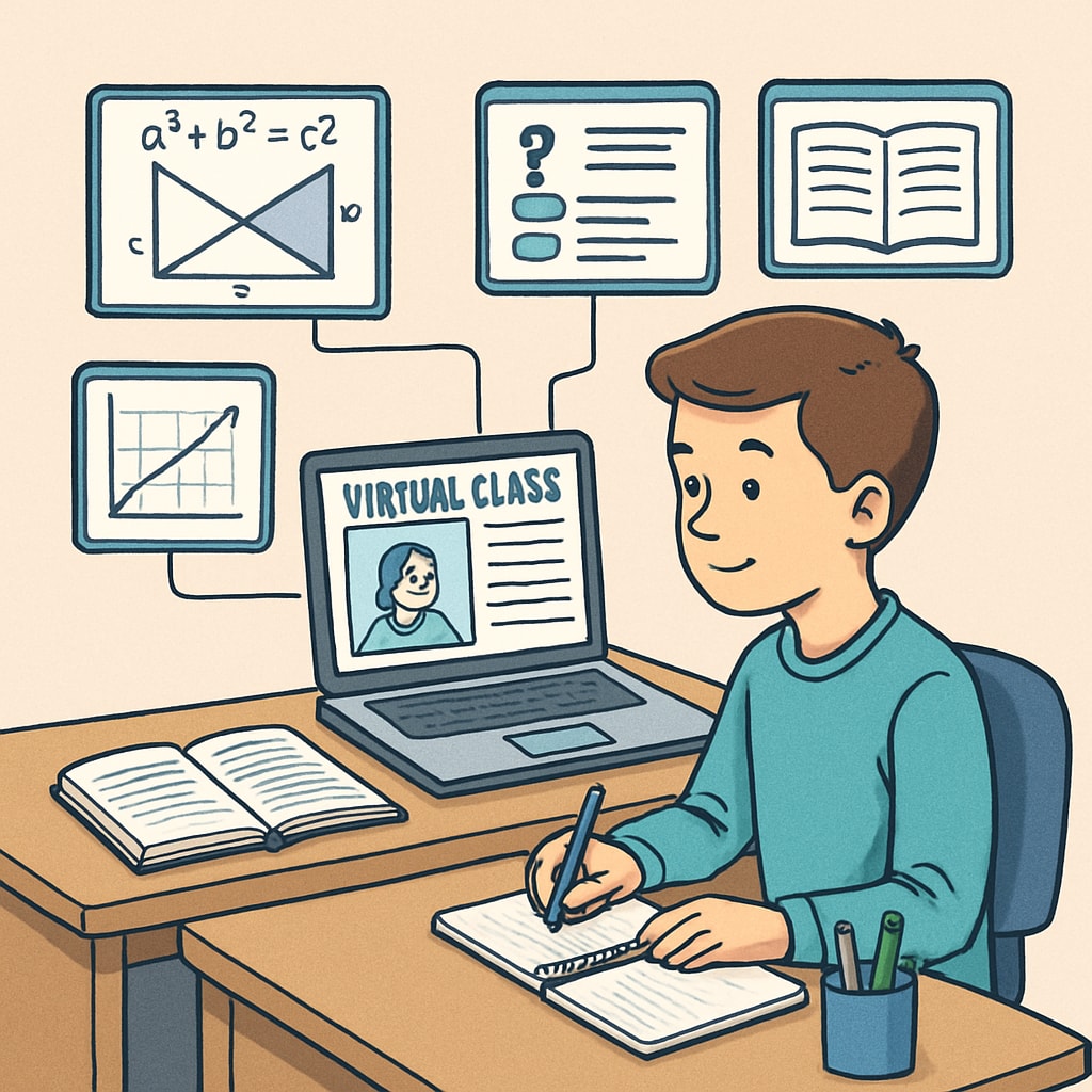 A student studying in a personalized virtual environment, using a laptop and interactive tools. A student engaged in personalized learning through an online public school platform.