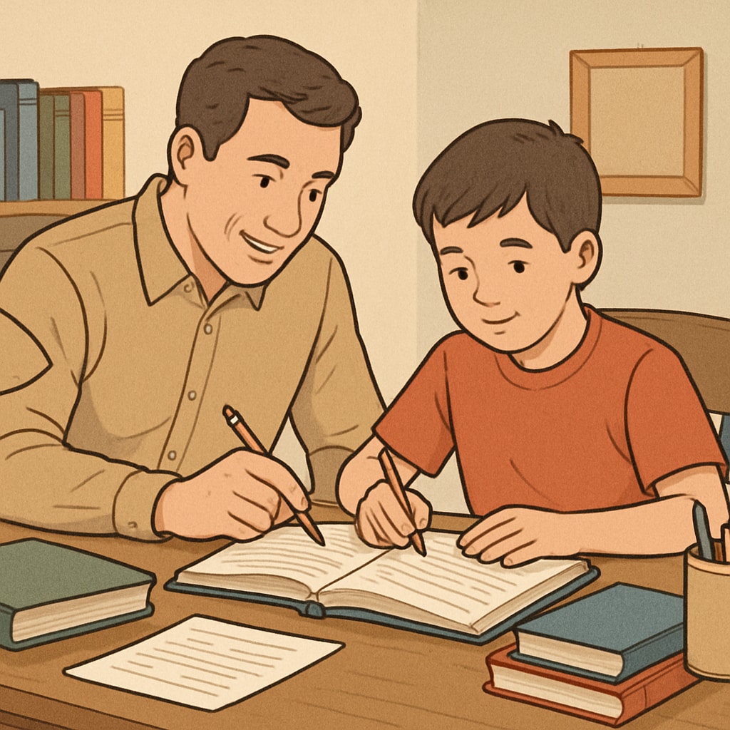 A parent and child working together on homework at a cozy study desk. The image emphasizes parental involvement in learning. Parent and child collaborating on homework at a study desk.