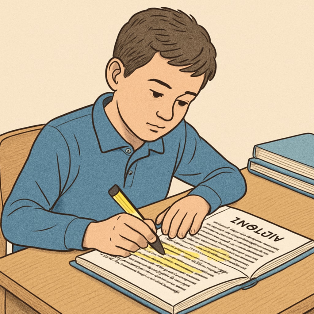 A close-up of a student highlighting key phrases in an English reading passage. Close-up of a student highlighting text purpose in an English passage.
