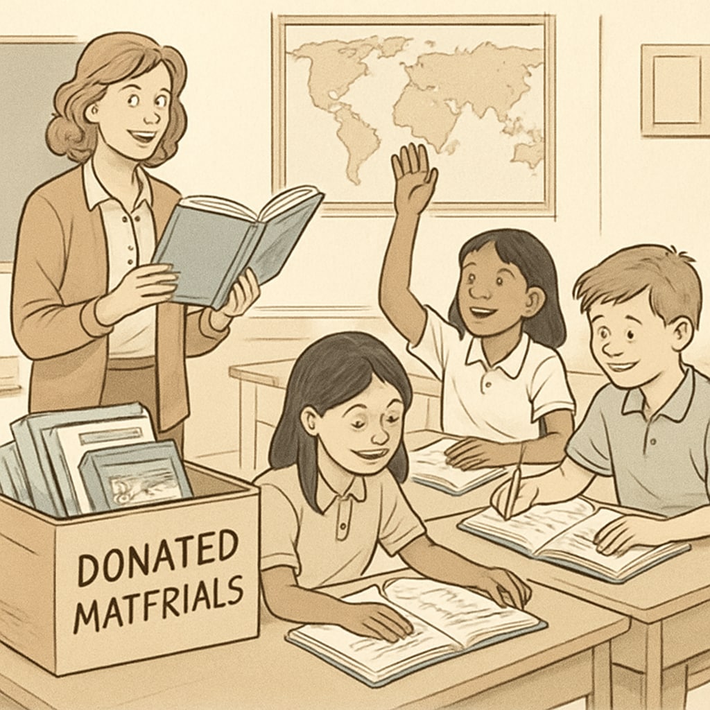 Students using donated educational materials in a classroom, emphasizing the positive impact of community contributions. Students engaging with educational resources provided through classroom donations.
