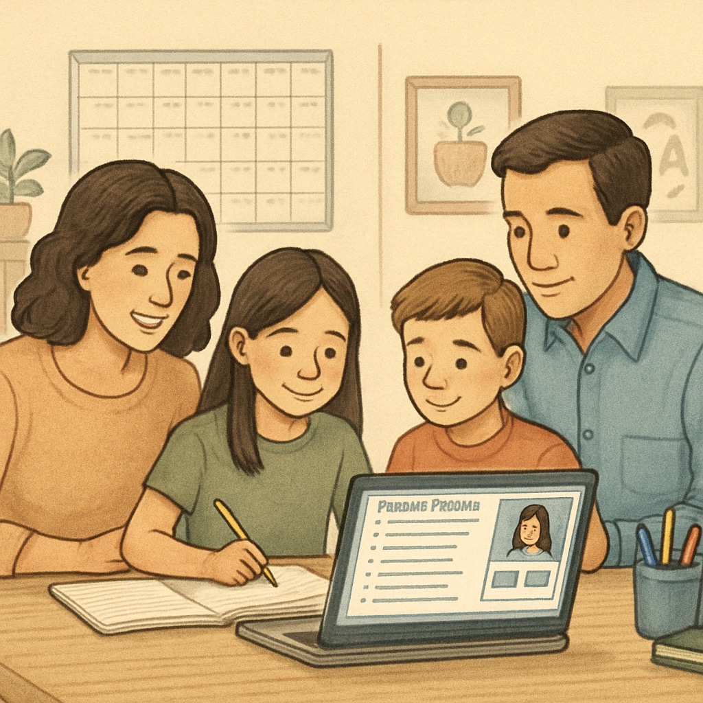 A family working together on a flexible homeschooling schedule using an online learning platform. A family balancing education and lifestyle with the help of online public education.