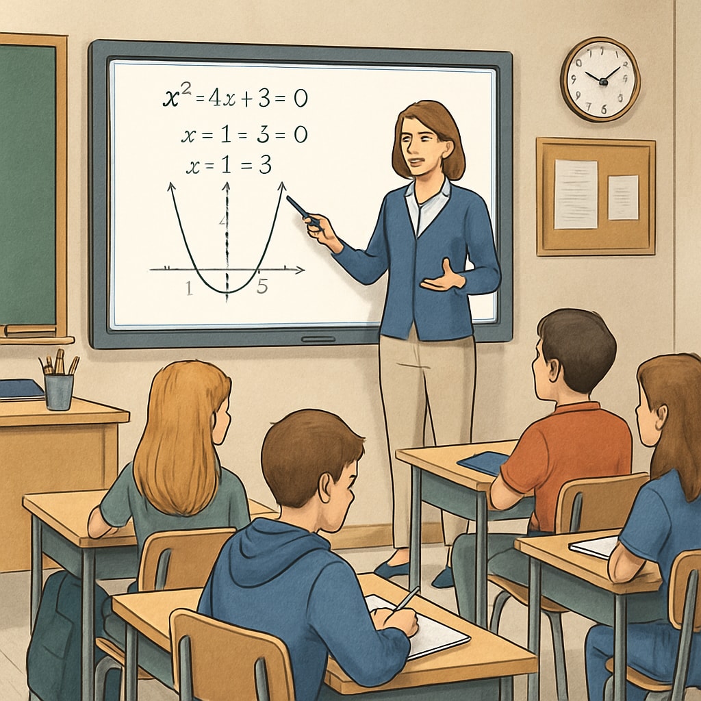 A classroom scene showing a teacher using interactive tools like a smartboard to explain a complex math problem to engaged high school students. High school math class with interactive teaching tools and engaged students.
