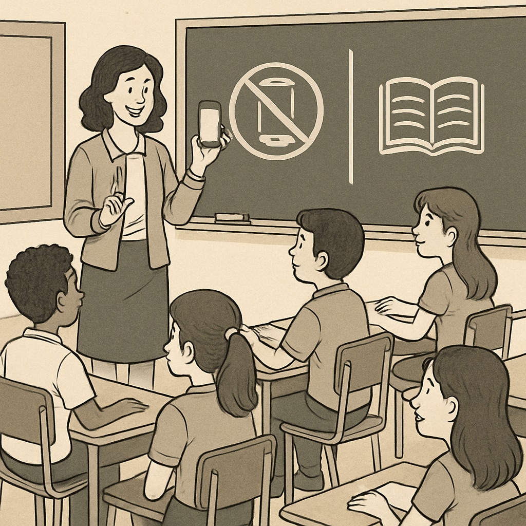 A teacher guiding students on responsible phone usage in a classroom environment, demonstrating an alternative to strict bans. Teacher explaining responsible phone use to students in a classroom, showcasing alternatives to phone bans.