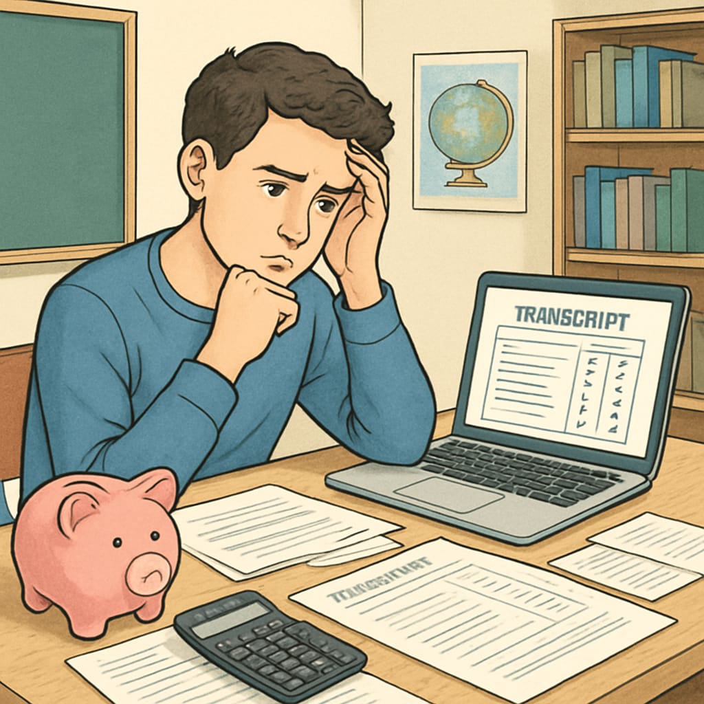 A student debating over finances while trying to access their transcript Student considering transcript access amidst unpaid tuition challenges