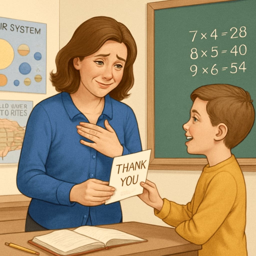 A teacher receiving a handwritten thank-you card from a student in a classroom setting. The student is smiling, and the teacher appears visibly moved. Teacher receiving a thank-you note from a student, symbolizing emotional connection.