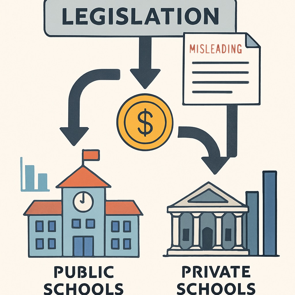A graphic showing the flow of education funds being diverted from public schools to private institutions, highlighting the role of misleading legislation. Chart showing education funds diverted to private institutions through misleading legislation.