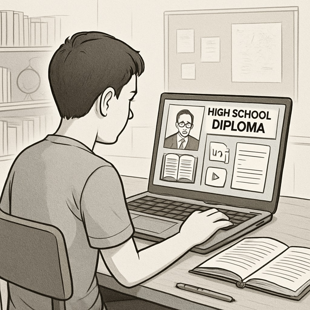 A student working on a laptop, studying for an online high school diploma, with a virtual classroom displayed on the screen. Student studying for an online high school diploma with virtual classroom tools.