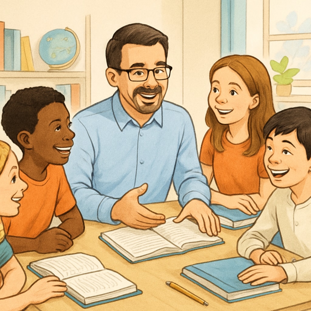 A teacher sitting with a group of students during a discussion, all smiling and engaging actively. The setting suggests a collaborative and respectful learning environment. Students and teacher interacting positively, showing mutual respect and gratitude.