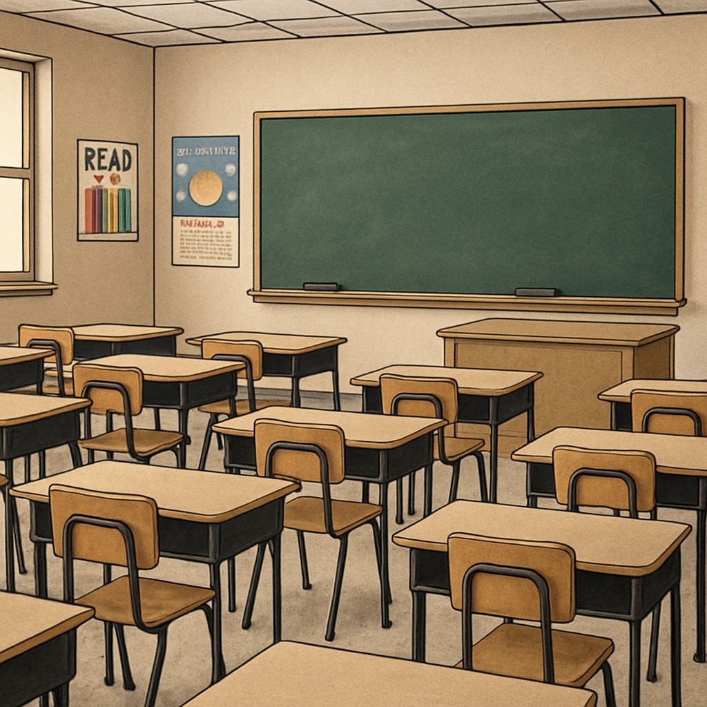 A photo of an empty classroom in a public school that was closed due to funding cuts, symbolizing the decline of public education. Empty classroom in a closed public school, symbolizing funding cuts and school closures.