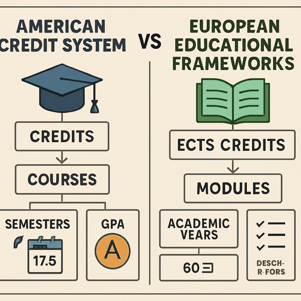 A comparative chart showing the differences between American credit systems and European educational frameworks. Chart comparing American credit systems and European educational frameworks for high school education.