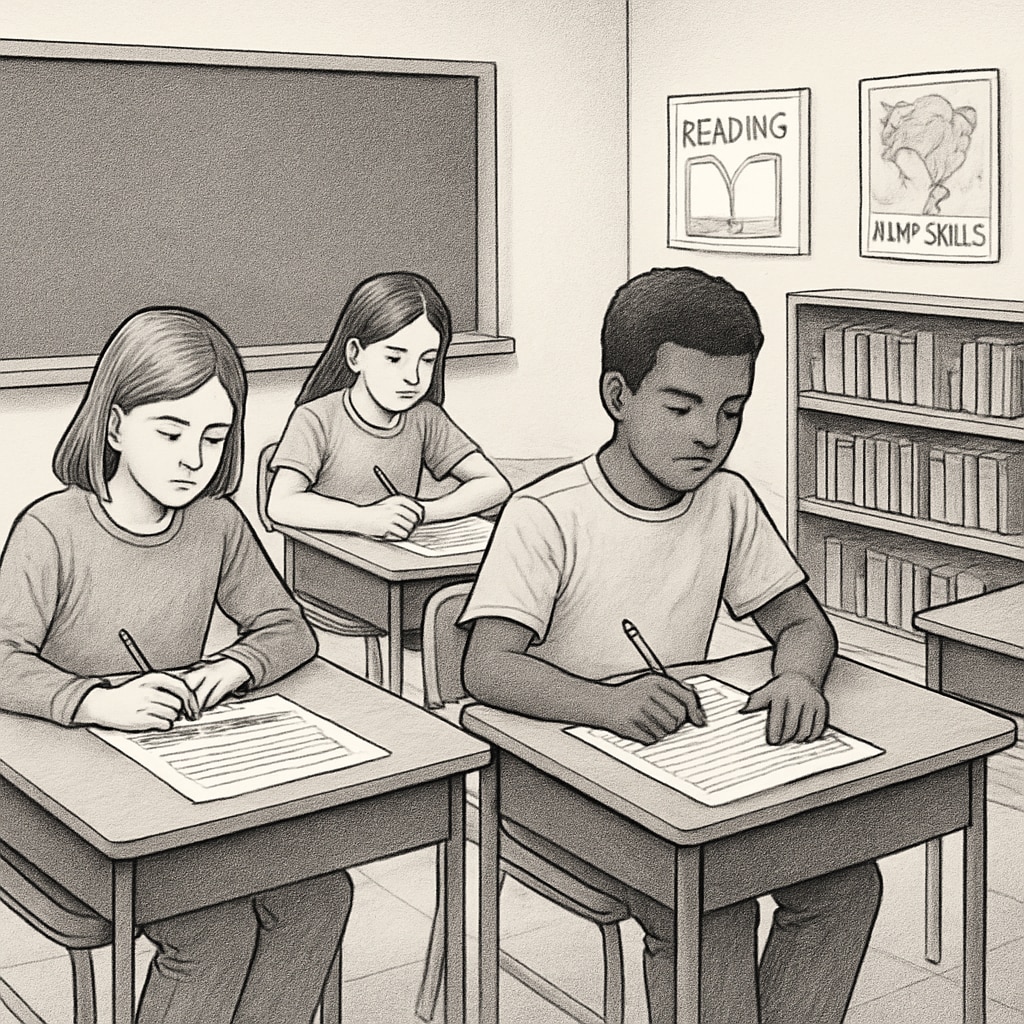 A classroom with students filling out data collection forms to better understand their learning preferences. Students filling out forms for a research survey on learning methods in the classroom.