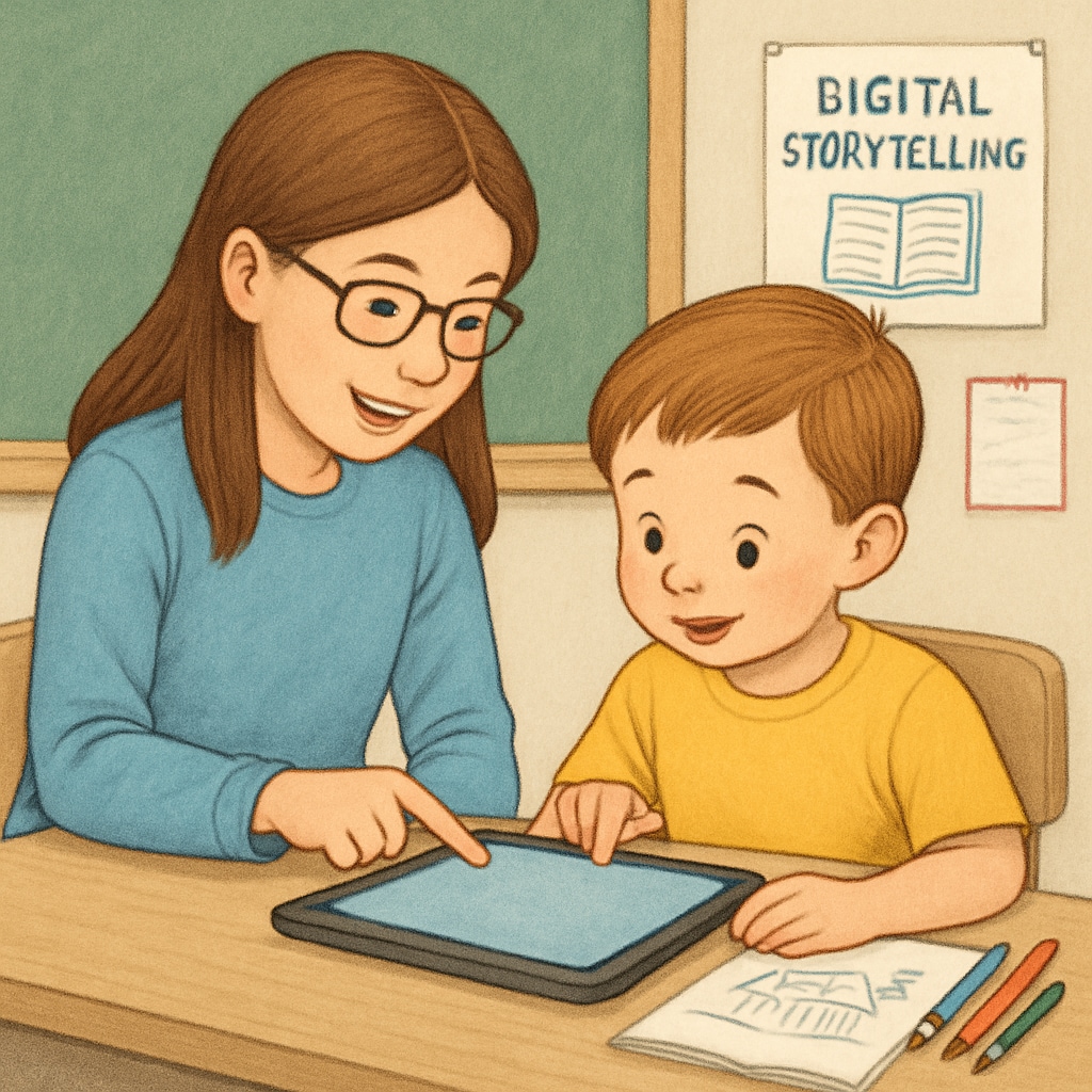 A fourth-grade student teaching a kindergarten child how to use a tablet for a digital storytelling activity. Cross-age learning project involving a fourth grader teaching a kindergartener computer skills.