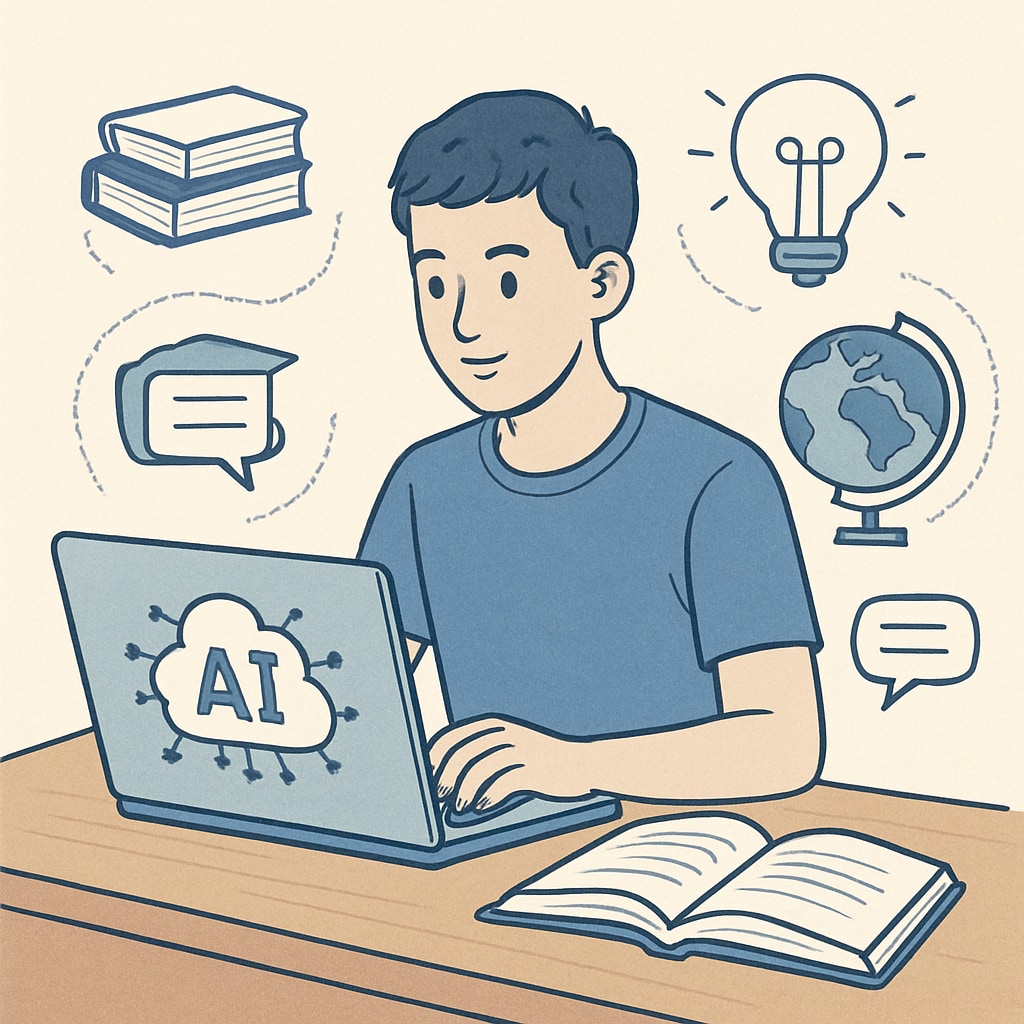 A student using a laptop with AI-powered learning tools, symbolizing the integration of technology in education. Student using a laptop with AI tools in education, representing technology in classrooms.