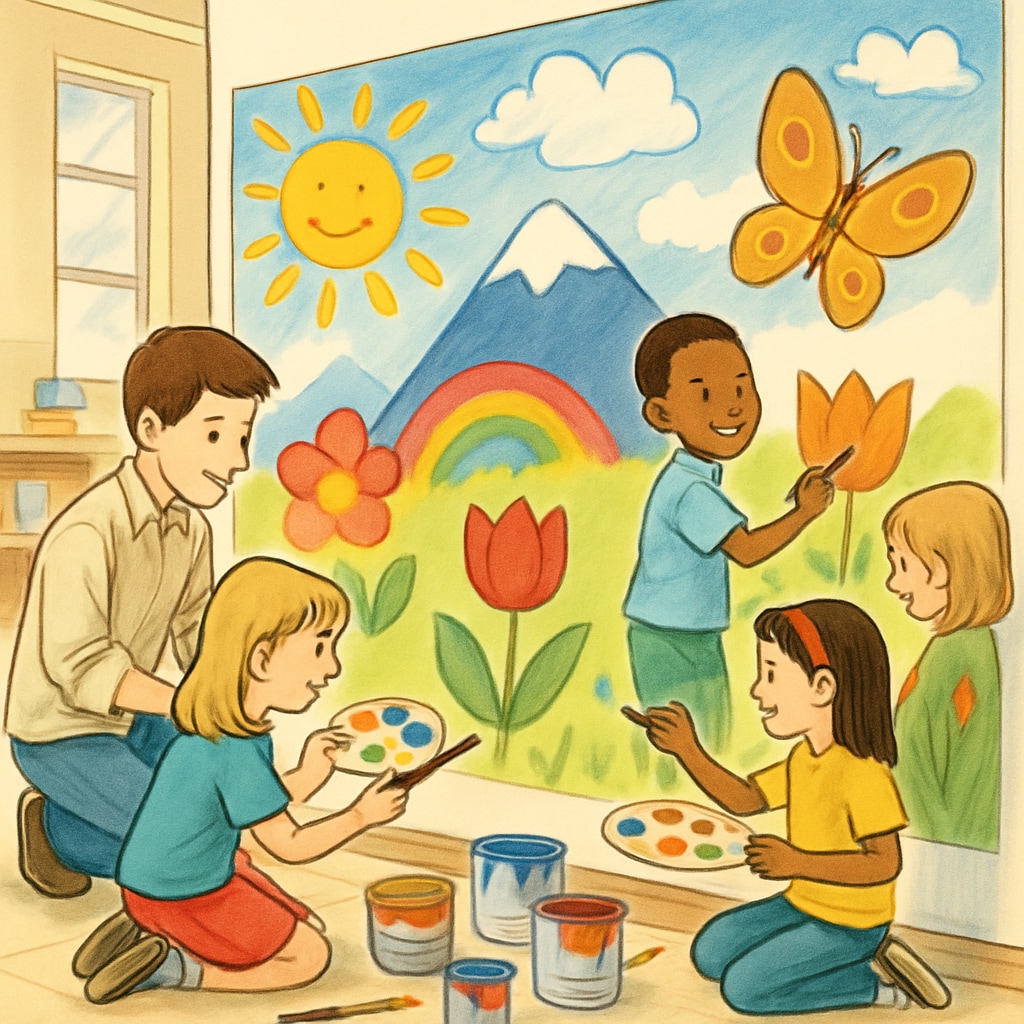 Kindergarten and fourth-grade students collaboratively painting a colorful mural during an art session. Cross-age learning activity with students creating a mural together.