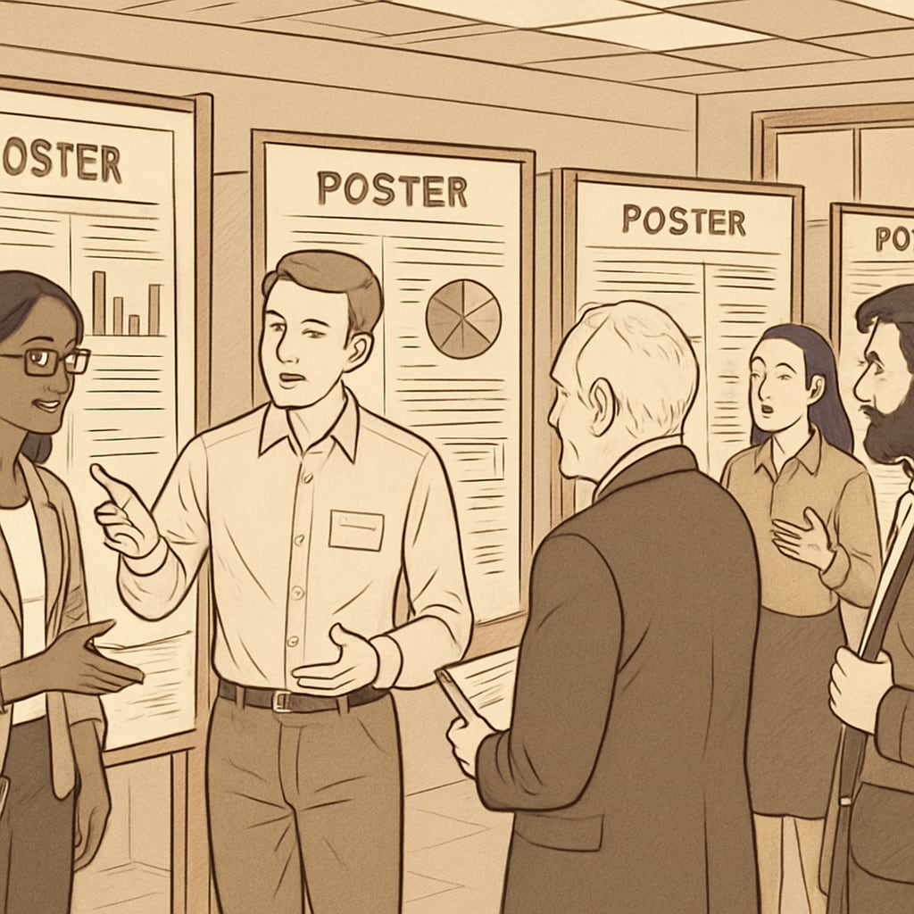Researchers presenting their posters at an academic conference, interacting with attendees to discuss their findings. Poster session at AERA Annual Meeting showcasing academic research.