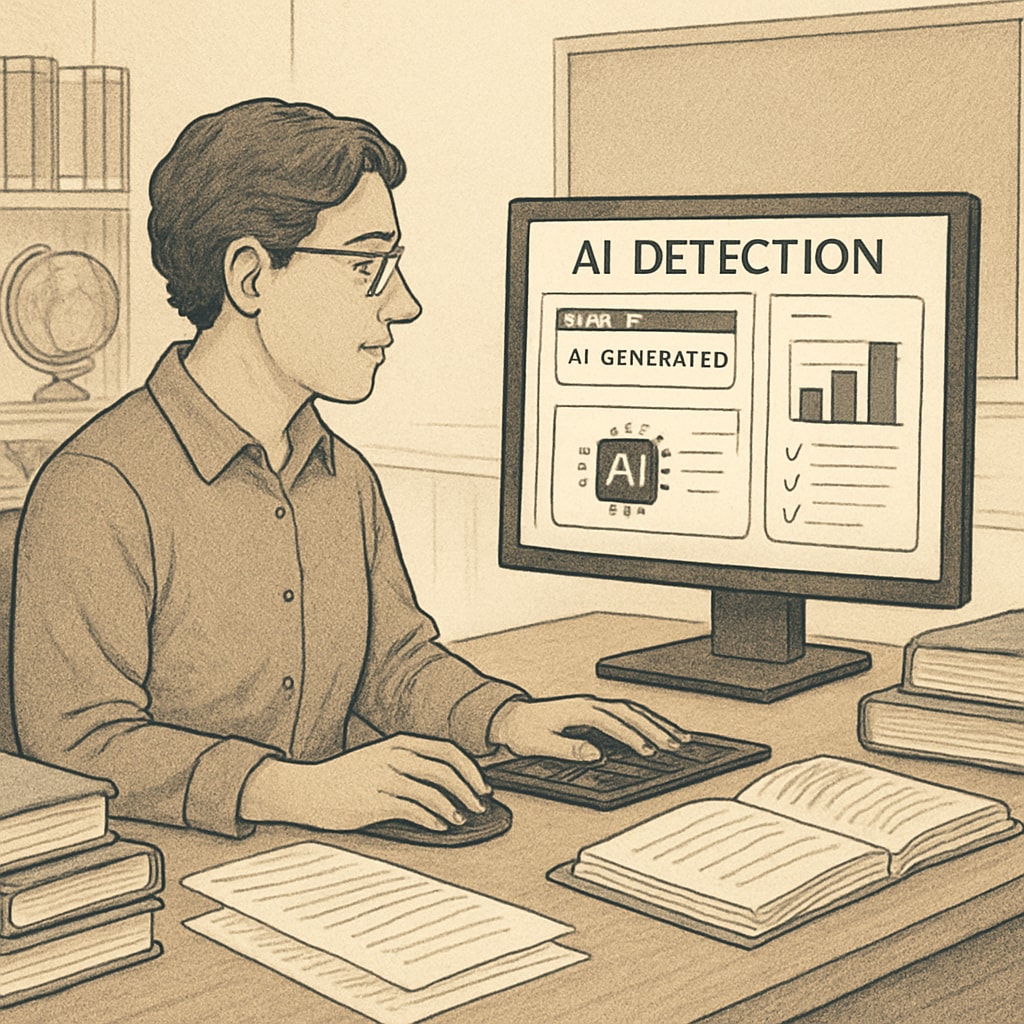 An educator reviewing AI detection software on a computer screen, highlighting the challenges of identifying AI-generated content. Educator analyzing AI detection software, focusing on academic integrity in education.