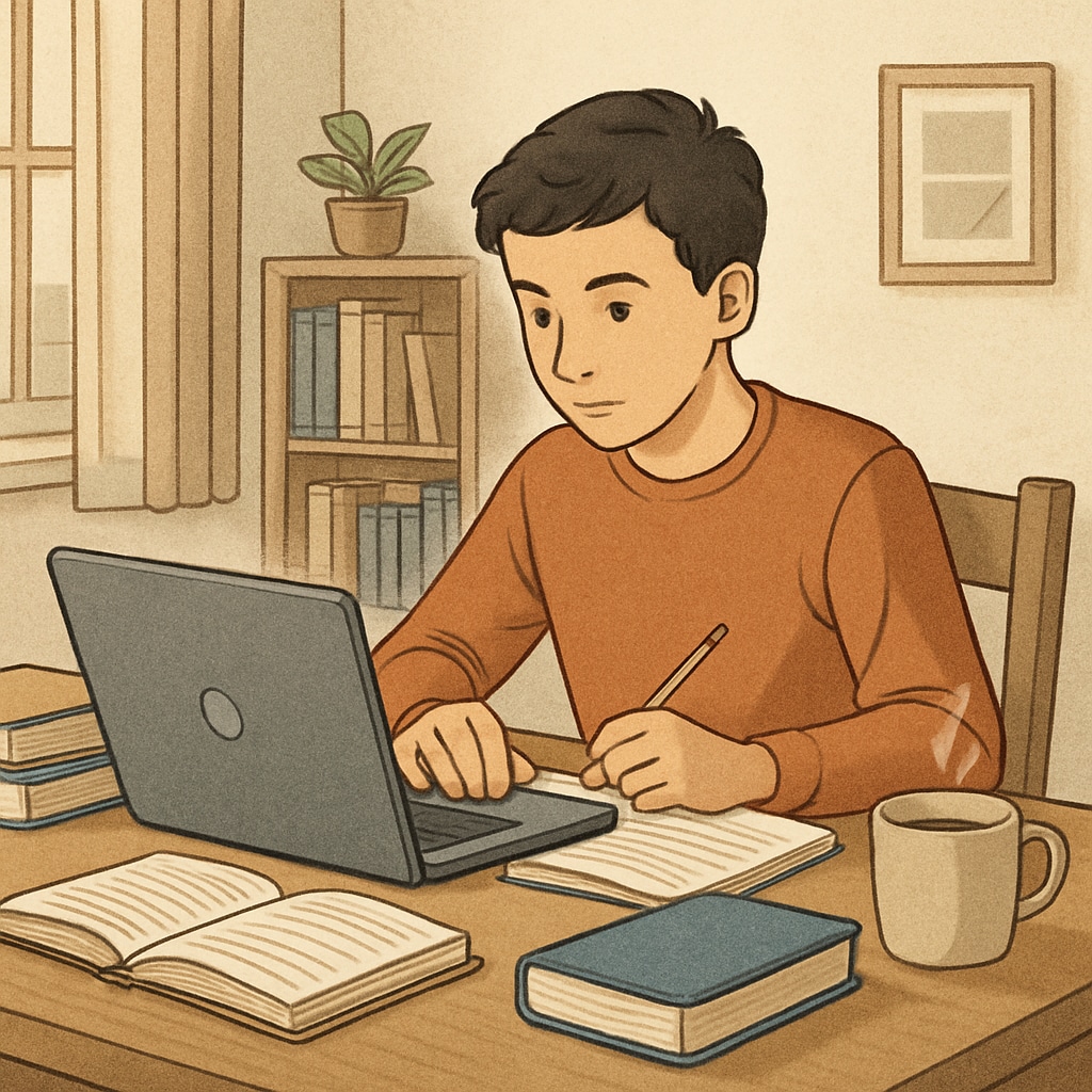 A student sitting at home studying on a laptop, representing online learning opportunities. A student using a laptop for online education, symbolizing public online schools.