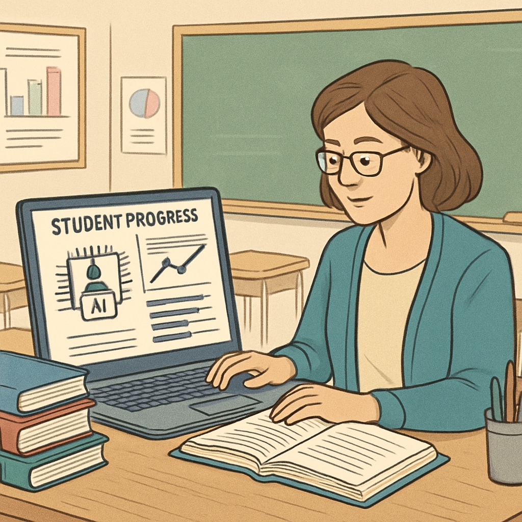 A teacher analyzing student progress using AI-powered software on their laptop. Teacher using AI software to evaluate student performance, highlighting AI's role in education.
