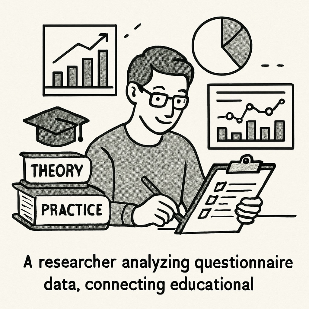 A researcher analyzing questionnaire data, symbolizing the connection between theory and practice in education. A researcher reviewing data from questionnaires to improve learning methods.