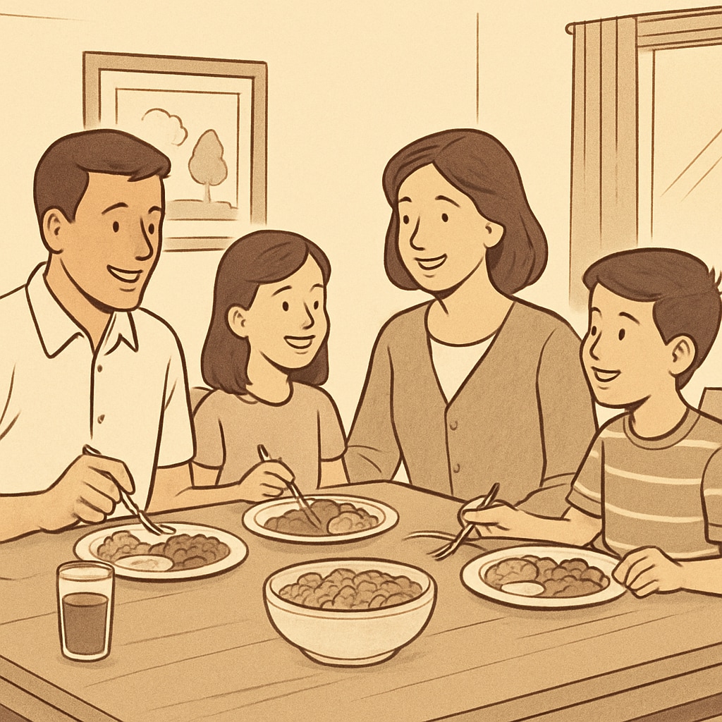 A family enjoying a meal together, symbolizing the improved work-life balance offered by online schooling. A family bonding during mealtime, representing the flexibility of online education.