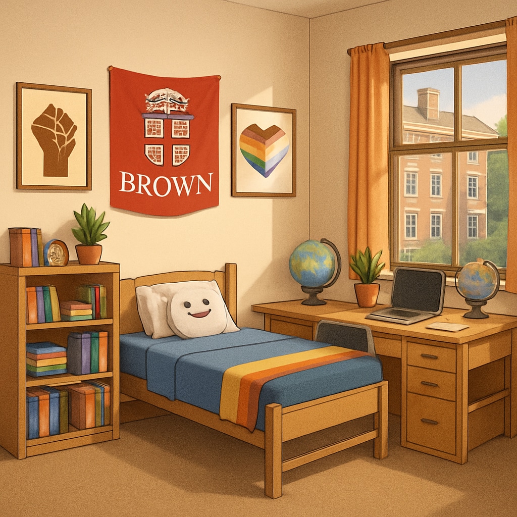 A dormitory room at Brown University, symbolizing inclusivity and comfort for diverse student populations. Brown University's dormitory room representing gender-inclusive housing.