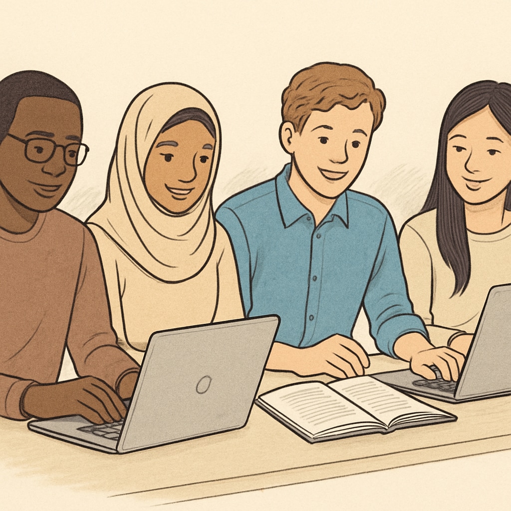 A diverse group of international students studying on laptops, symbolizing online learning opportunities. International students studying online, representing online high school diploma opportunities.