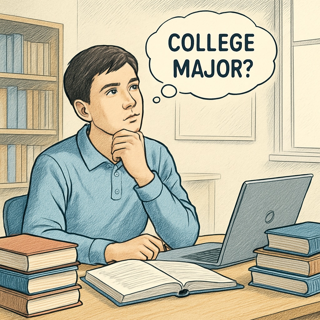 A thoughtful high school student sitting at a desk, surrounded by books and a laptop, pondering college major options. A high school student considering college major selection, with math and science books nearby.