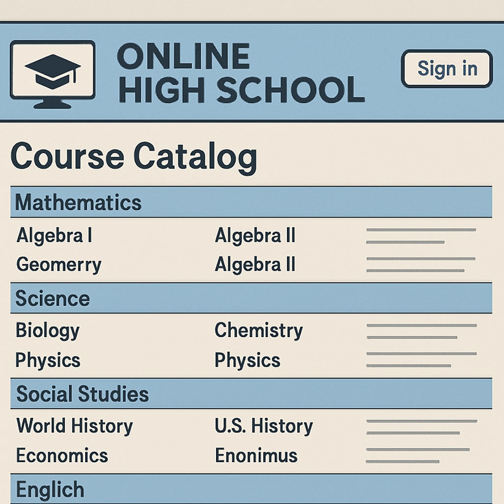 A screenshot of an online high school platform with a visible course catalog. Online high school platform showcasing course options for students.