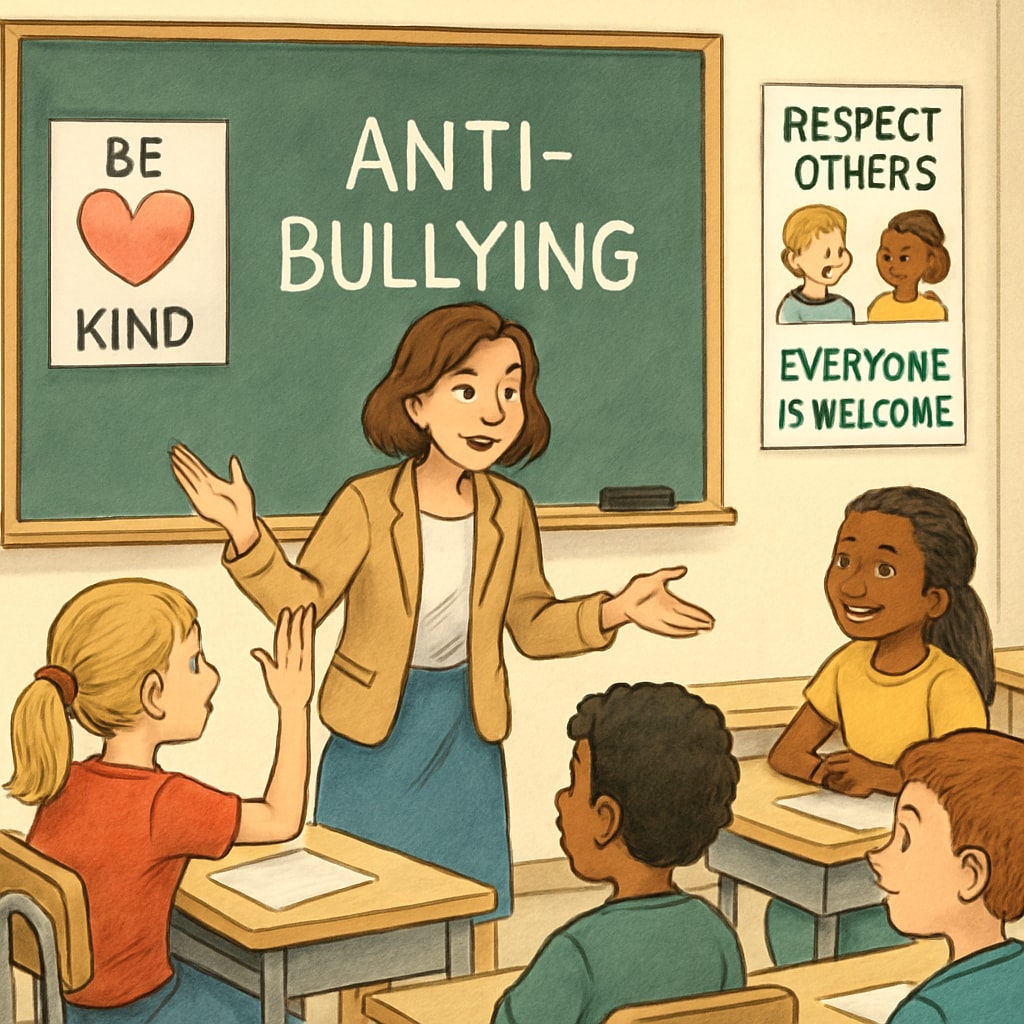 A teacher conducting an anti-bullying workshop in a classroom setting, emphasizing empathy and respect. Anti-bullying workshop with a teacher and students, related to school bullying strategies.