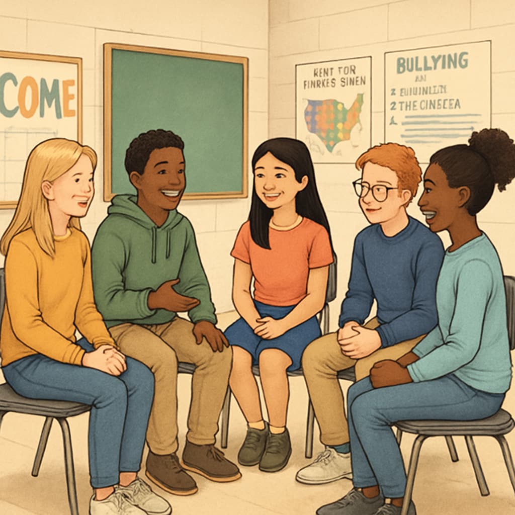 Students participating in a peer support group to promote inclusivity and prevent bullying. Peer support group of students discussing inclusivity and anti-bullying measures.